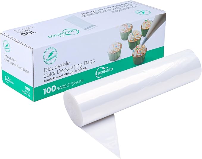 Keenpioneer Disposable Piping Bags, Biobased, 21 Inch, Extra Thick Cake Decorating Pastry Bags, Pack of 100 in a Dispenser Box, Clear, Professional Grade for Chefs and Home Bakers