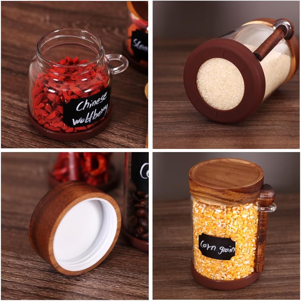 SAIOOL High Bprosilicate Glass 4 Pack Spice Jars with Label and Spoons,Overnight Oats Containers with Acacia Airtight Lids,Glass Food Storage Jars, Coffee Bar (Acacia 22 OZ*4)