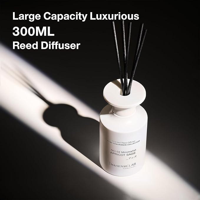 M&SENSE Minimalist Large Reed Diffuser 300ml, Apricot Sage Scented with Natural Essential Oils, Long Lasting with 7 Sticks, Non-Toxic Home Fragrance for Bedroom, Bathroom Decor