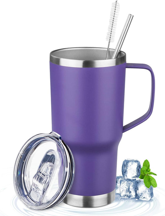 20oz Insulated Tumbler with Handle Stainless Steel Travel Coffee Mug with Lid and Straw Double Wall Vacuum Leak-proof Reusable Thermal Water Cup for Hot and Cold Drinks (Purple,1 Pack)