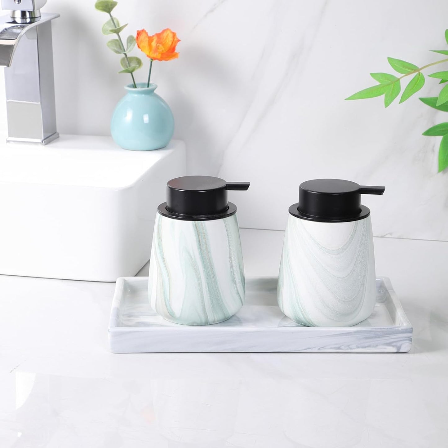 Bathroom Vanity Tray - 11'' Ceramic Rectangle Countertop Tray, Heavy-Duty Perfume Organizer Plate, Jewelry Ring Tray, Kitchen Soap Dispenser Stone Trays, Marble White