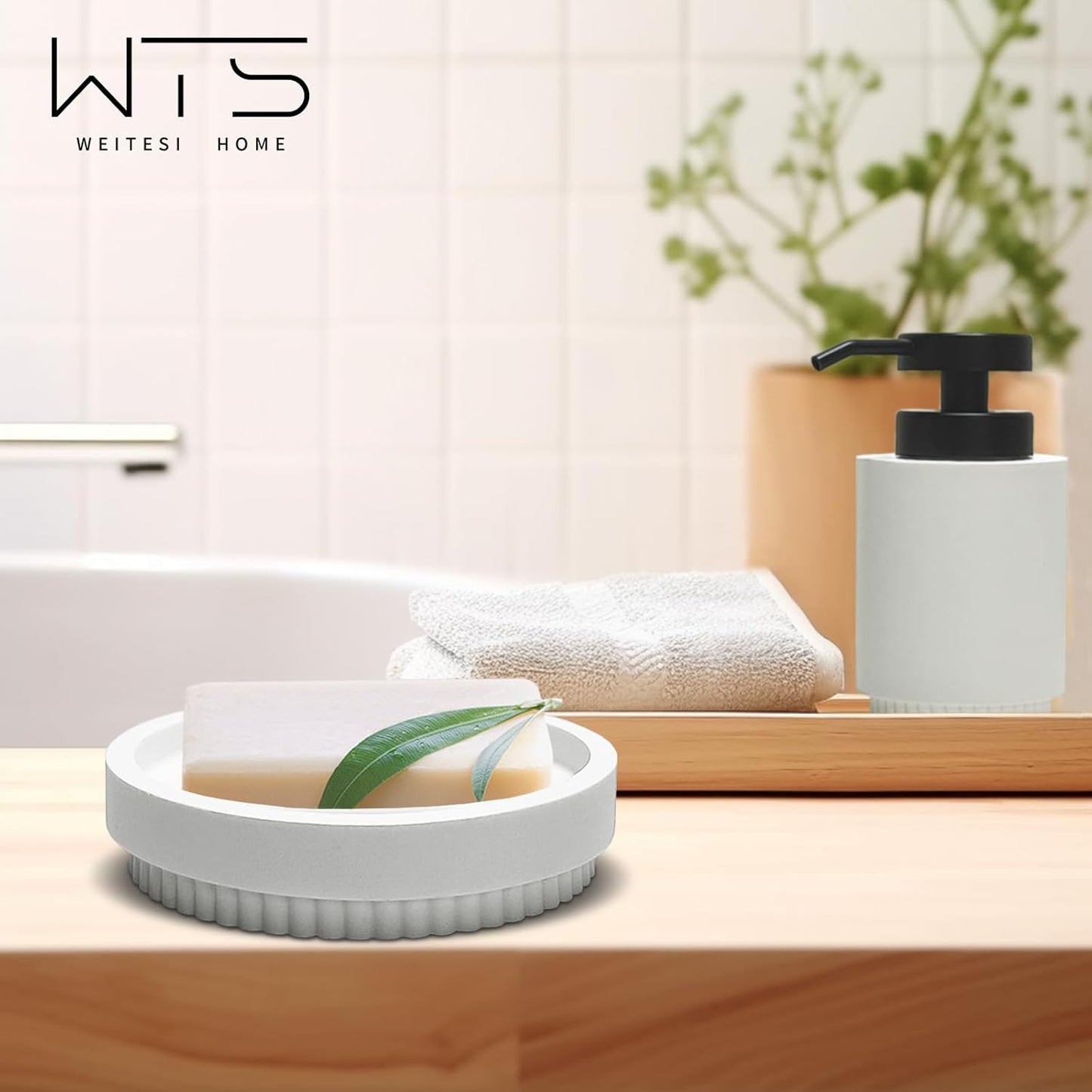 Resin Bathroom Accessories Set, 4 Pcs Modern Bathroom Accessory Set with Liquid Plastic Pump Lotion Soap Dispenser,2 Toothbrush Cup, Soap Dish Countertop Vanity Organizer(White)