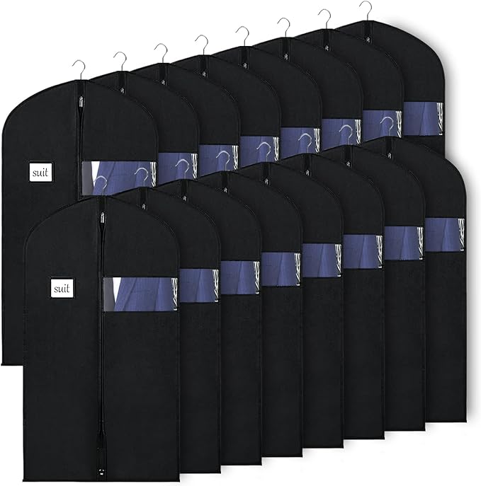 KEEGH 40" Suit Bags for Closet Storage (Set of 16) Garment Bags for Hanging Clothes, Suit Cover Bags for Suits Coats Dress with Zipper and Transparent Window, Black