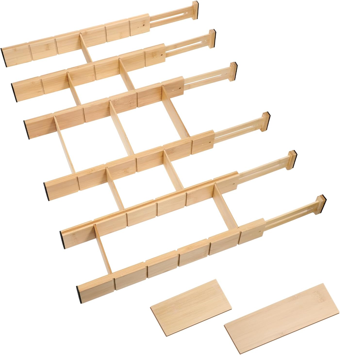 6 Pack Bamboo Drawer Dividers with 12 Inserts Expandable Adjustable 17" to 22" Drawer Organizers Separators for Kitchen, Bedroom, Home, Clothes, Dressers, Office