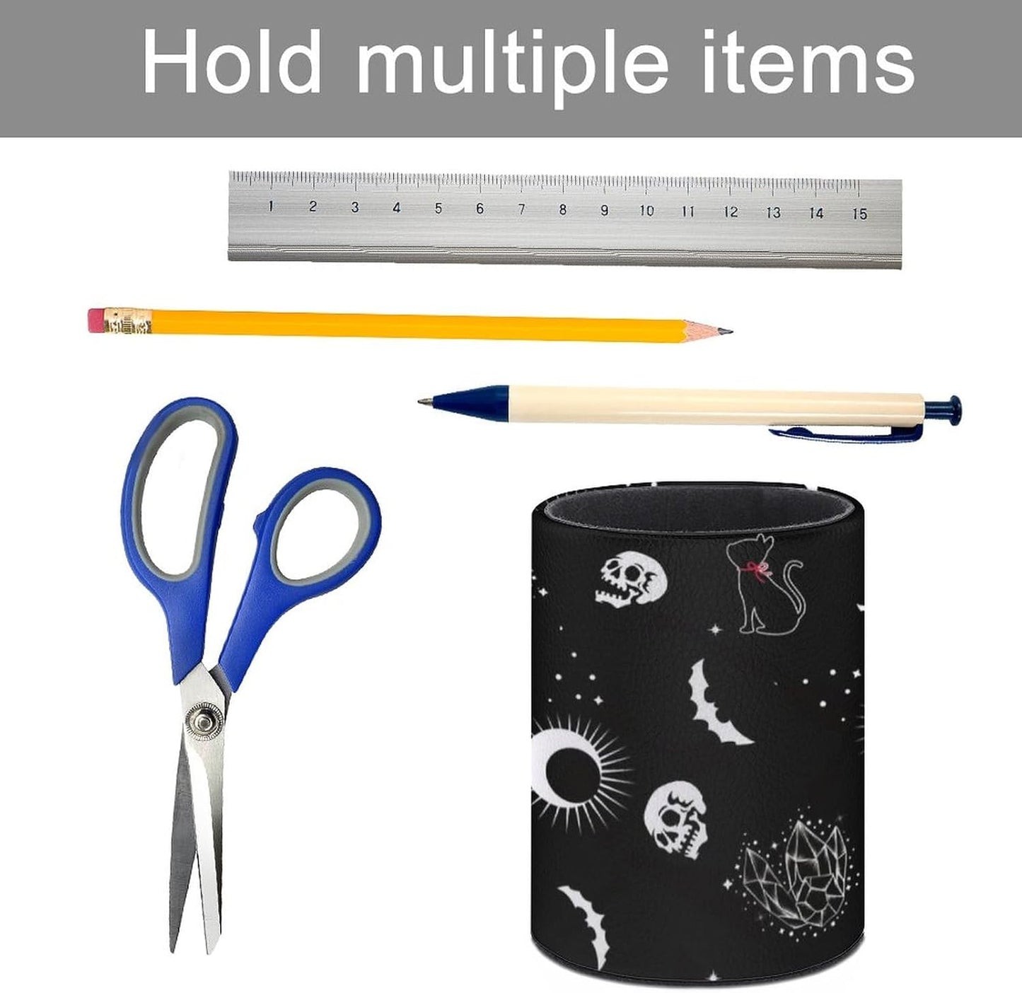 Gothic Skull Cat Moon Pen Holder Pencil Organizer Cute Pencil Cup Desk Decor Makeup Brush Holder PU Multifunctional Office Suppliesfor Home Classroom School