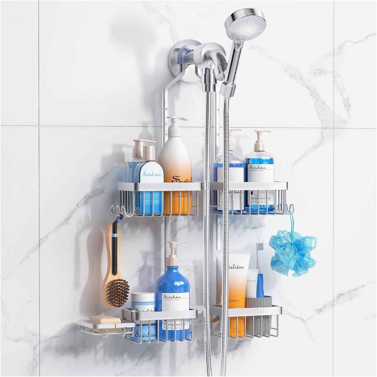 Aluminum Alloy Hanging Shower Caddy for Handheld Shower Heads,Rustproof Hose Shower Organizer 4 Levels Height Adjustable Shower Rack with Hooks,Razor Holder,Soap Holder