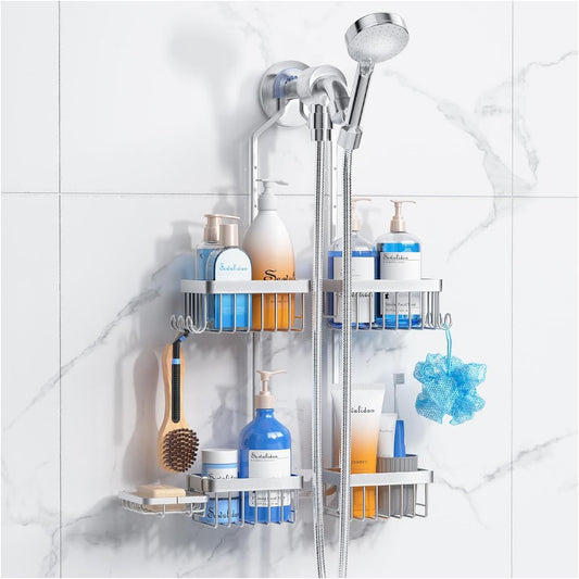 Aluminum Alloy Hanging Shower Caddy for Handheld Shower Heads,Rustproof Hose Shower Organizer 4 Levels Height Adjustable Shower Rack with Hooks,Razor Holder,Soap Holder