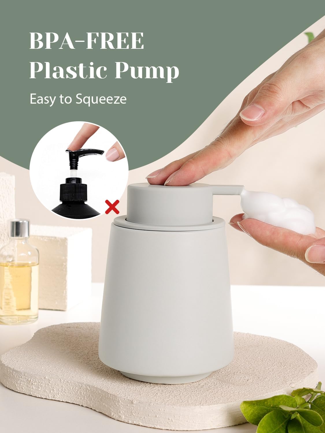 INGOFIN Ceramic Foaming Soap Dispenser -14 oz Foam Hand Soap Dispenser Bathroom, Modern Refillable Dish Wash Bottle for Kitchen with Large Pump, Matte Grey