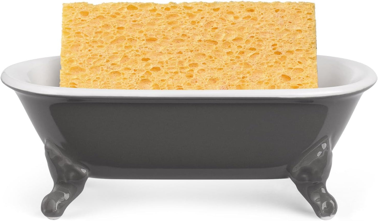 6.5" Ceramic Mini Decorative Clawfoot Bathtub Bar Soap Dish, Kitchen Sponge Holder and Shower Tray for Bathroom, 1 Pack(Stone Gray)