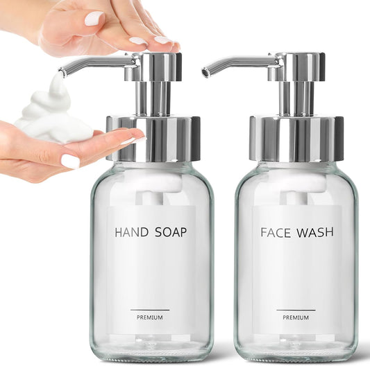 GMISUN Foaming Soap Dispenser, 2 Pcs 8.5 Fl oz Clear Glass Soap Dispenser, Modern Hand Soap Dispensers for Bathroom & Kitchen, Refillable Foam Soap Dispensers with Silver Pumps & Waterproof Labels
