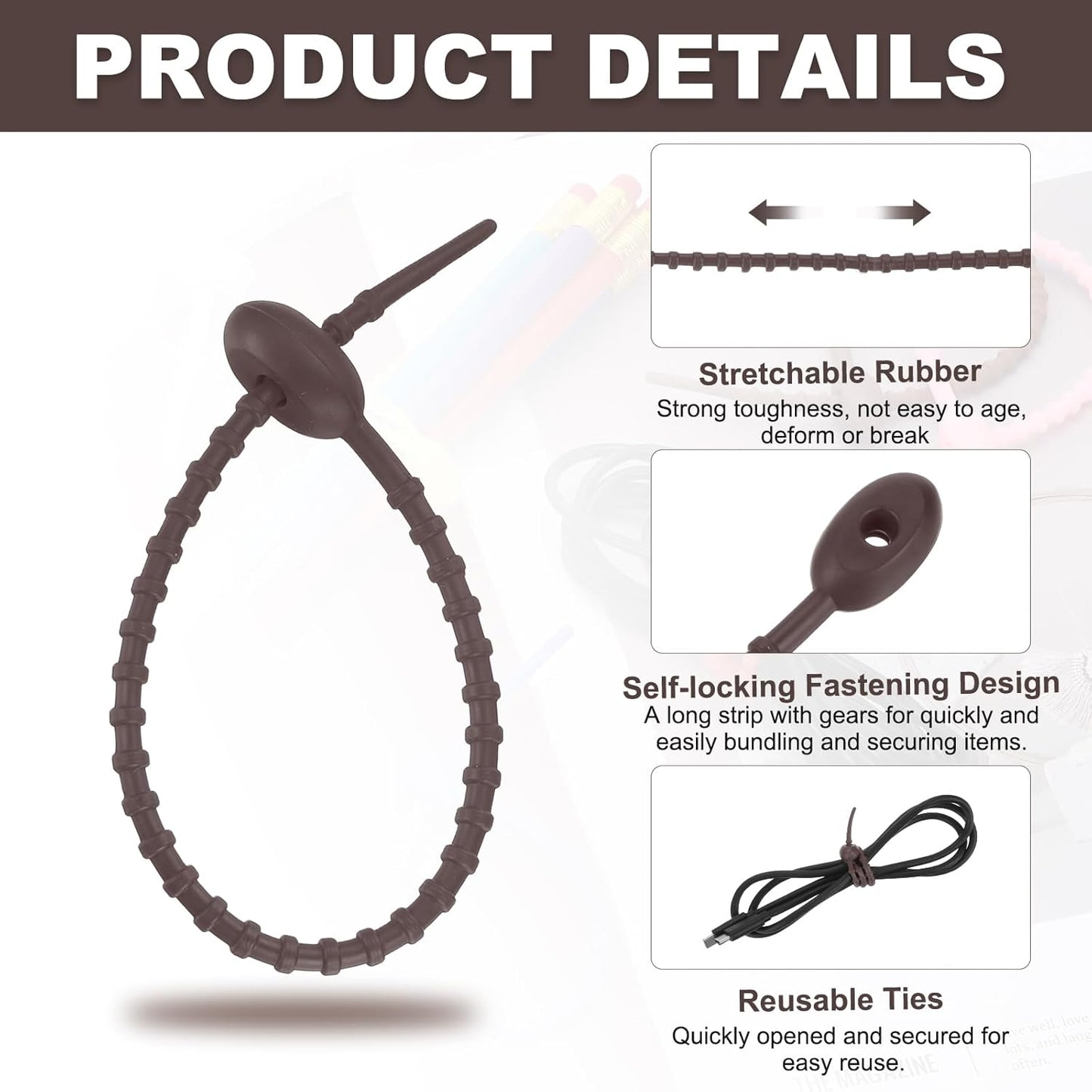 uxcell 20 Pcs Silicone Ties Bag Clip, 8.5 Inch Multi Purpose Silicone Zip Ties Reusable Rubber Zip Tie, Cable Strap Cord Organizer for Home Office Food Bag Wires Cables, Dark Brown