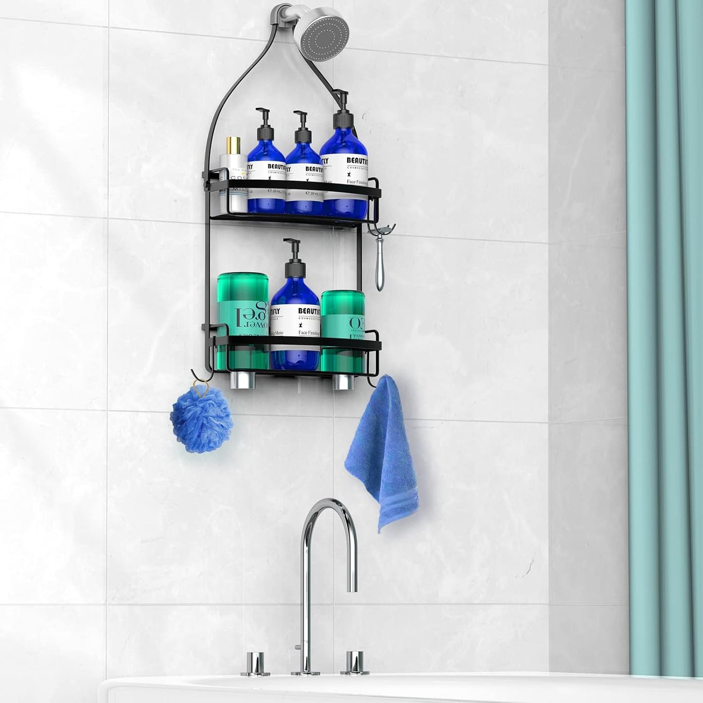 Meangood Shower Caddy Over Shower Head, Black Anti-Swing Hanging Shower Caddy with 4 Remove Hooks for Razor, Sponge, Towels Rustproof Shower Organizer for Bathroom