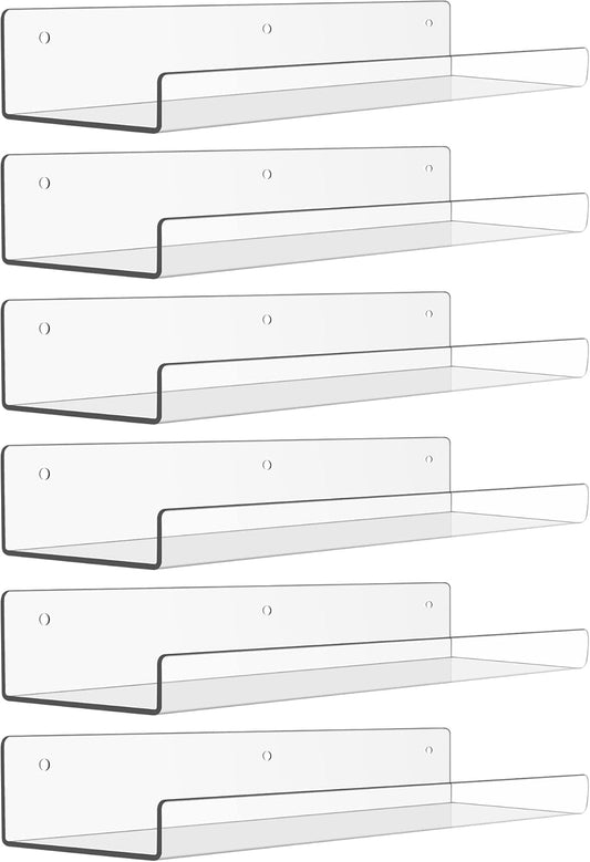 upsimples 6 Pack Acrylic Shelves for Wall Storage, 15" x 4“ Floating Bookshelves for Kids, Display Shelf Organizer for Bathroom, Bedroom, Living Room, Kitchen, Room Decor, Clear