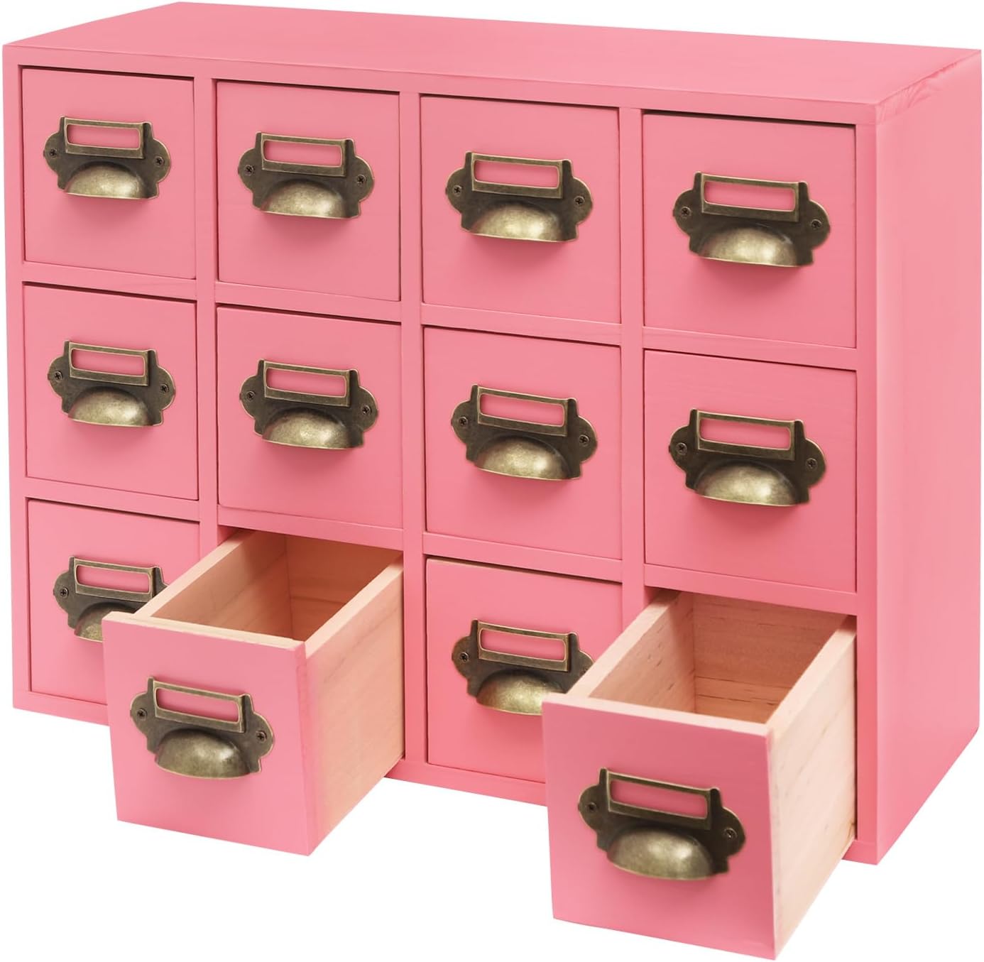 3-Tier Storage Cabinet, 12-Drawer Wooden Organizer with Metal Handles, Wooden Medicine Cabinet, Vintage Brown Solid Wood & Alloy Desktop Storage Shelf for Households, Offices (Pink)
