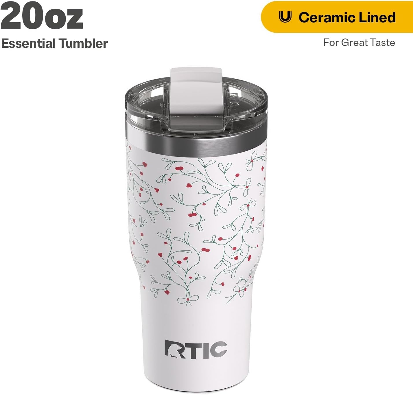 RTIC 20oz Essential Tumbler with Lid, Ceramic Lined, Insulated, Stainless Steel, Metal, Double Wall Vacuum-Insulation, Travel Cup for Iced Coffee, Tea, Hot and Cold Drink, Mistletoe