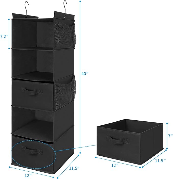 MAX Houser 5 Tier Shelf Hanging Closet Organizer, Cloth Hanging Shelf with 2 Sturdy Hooks for Storage, Foldable (Black-D2)