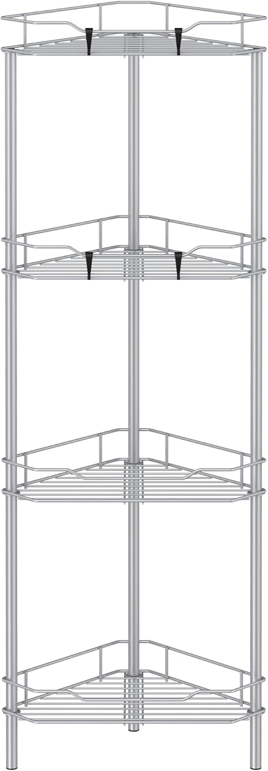 4 Tier Floor Standing Corner Shower Caddy Organizer Shelf with Hooks, Bathroom Shelves Stand Rack, Silver