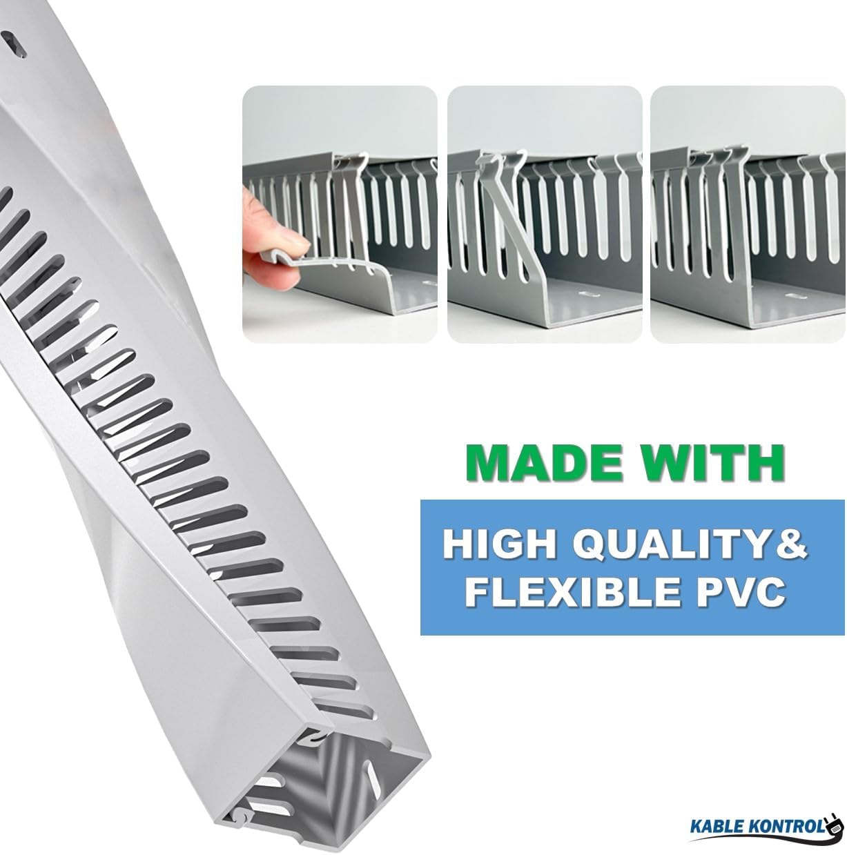 Kable Kontrol Wire Duct Open Slot Cable Raceway - 3” Width x 3” Height - 6.5 feet Long - 8 Pcs/Pack – Gray – PVC Wiring Trough Wire Cover Cord Hider for Under Desk Industrial Cable Management