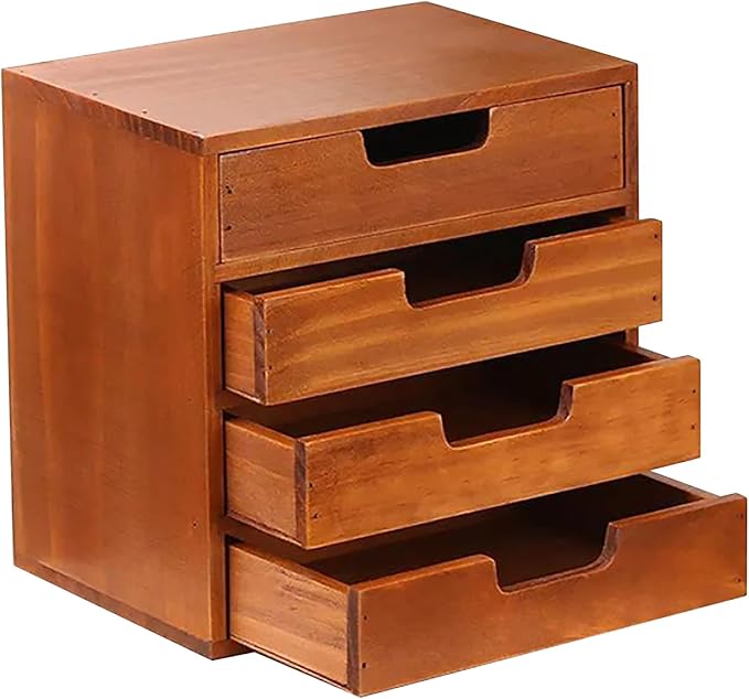 4 Drawer Desktop Storage Organizer in Modern Wood Design (9.8”x6.9”x 9.8”) 4-Drawer Stackable Drawer Unit - Vanity Accessories Organizer (1-Pack)