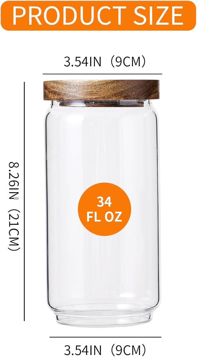 Glass Jar with Lid 3.54 Inch Wide, 34 OZ Airtight Food Storage Containers Glass Set for Coffee Beans| Sugars| Candy, 2 Pack