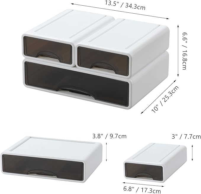 White Desktop Drawers for Paper, Stackable Office Storage Drawers for Desk, Craft Organizer and Storage Bins, 3 Mixed Storage Container with Plastic Drawers for Office Supplies