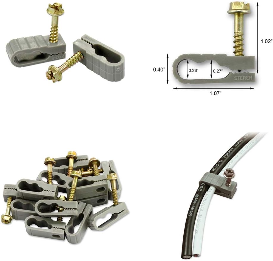 STEREN Coaxial Cable Clips - Cable Holder - Wire Clips - Siding Clips for Hanging - Cord Holder for Desk - Cable Clamps - Cord Clip - Wire Organizer Clips - Tv Mount Screws - Gray - 10 Pack