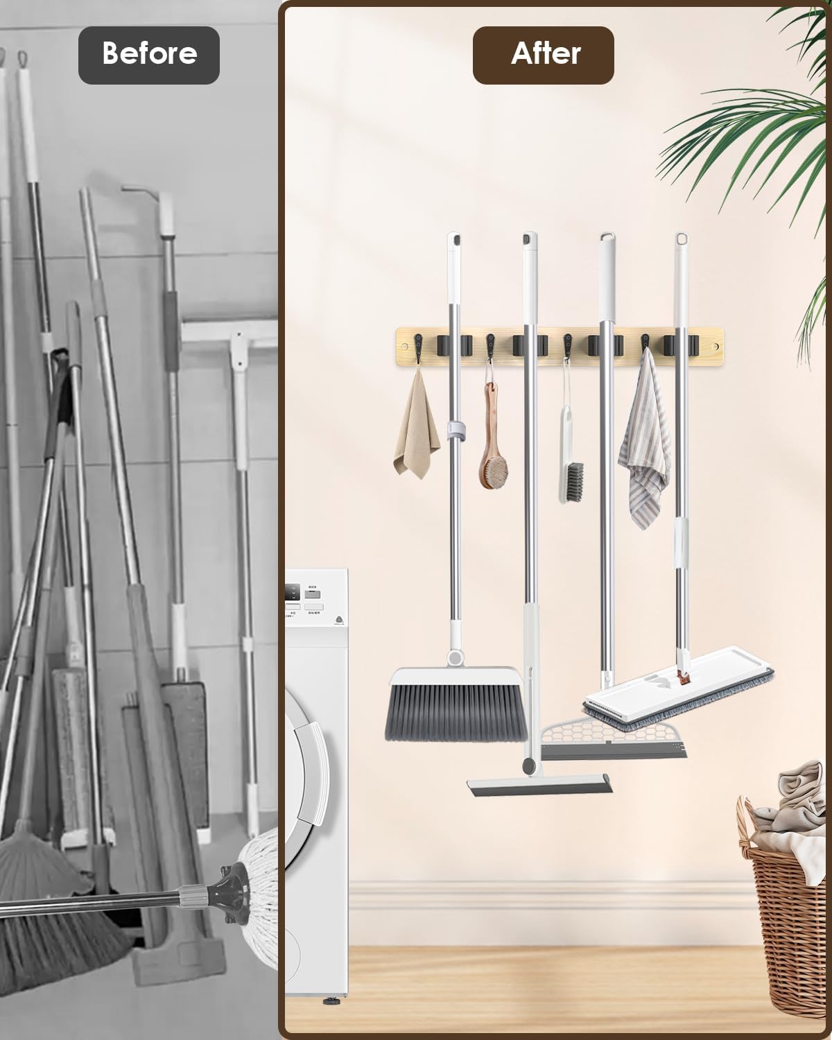 Broom Holder Wall Mounted, Light Wood 4 Holders and 4 Hooks Mop Holder, Wooden Mop and Broom Holder with Anti slip rubber, Natural pine wood Brush Holder, Mop Wall Holde with Nail installation