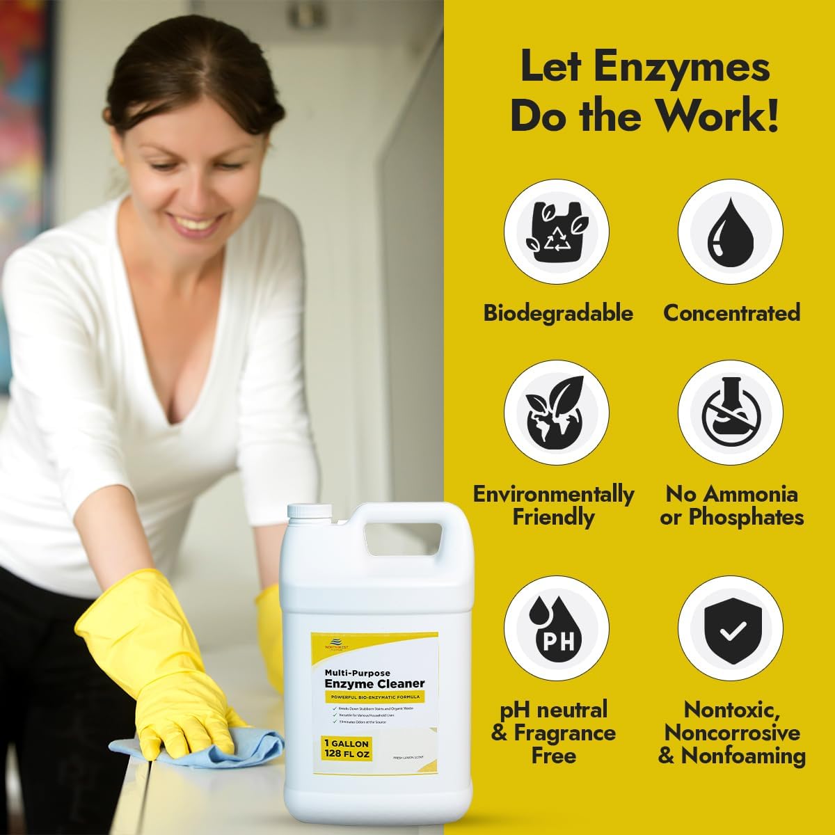 NORTHWEST ENTERPRISES Multi-Purpose Enzyme Cleaner - Household and Commercial Enzyme Cleaner, Fresh Lemon Scent (1 Gallon)