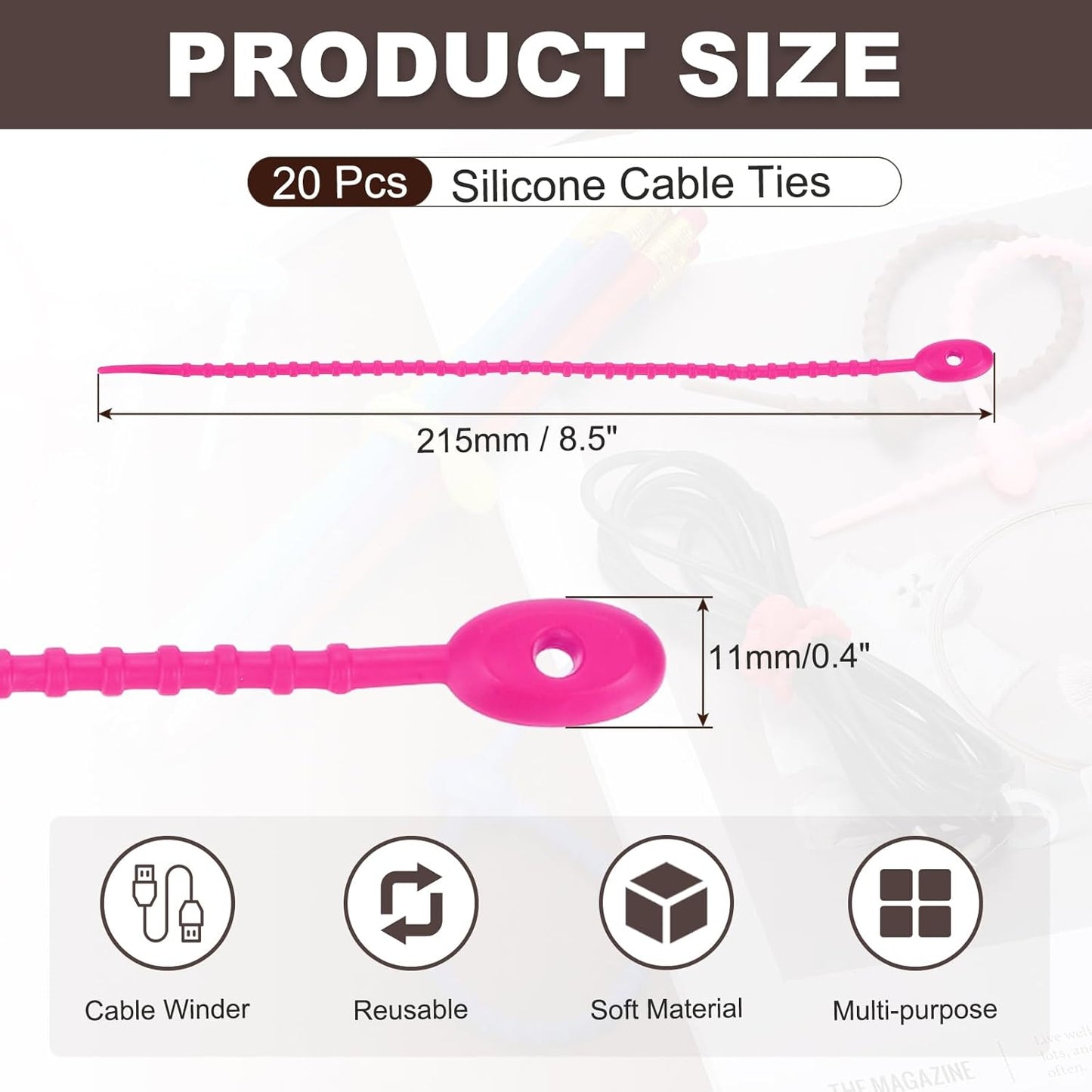 uxcell 20 Pcs Silicone Ties Bag Clip, 8.5 Inch Multi Purpose Silicone Zip Ties Reusable Rubber Zip Tie, Cable Strap Cord Organizer for Home Office Food Bag Wires Cables, Rose Red