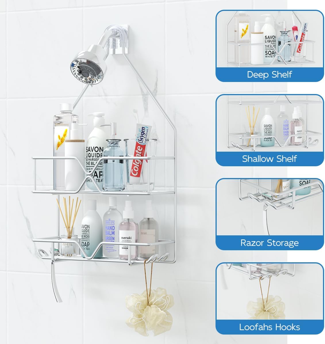 TreeLen Rustproof Shower Caddy, Hanging, Stainless Steel, 4 Hooks, 2 Shelves, Non-Slip