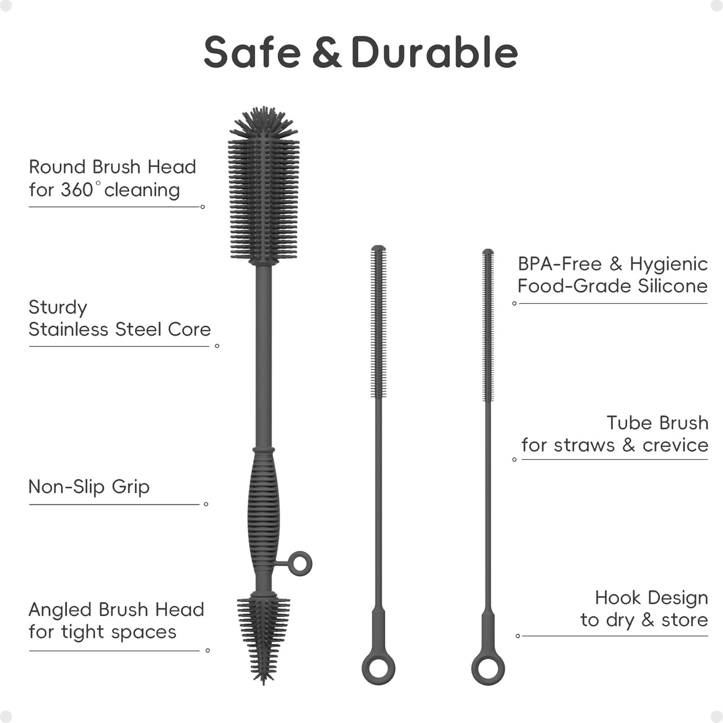 Silicone Cleaning Brush Kit,Water Bottle and Straw Cleaner Brush Set for Tumbler,Baby Bottle,Breast Pump Part,Nipple,Sippy Cup,Glass,Dishwasher Safe,BPA Free,3 Pcs