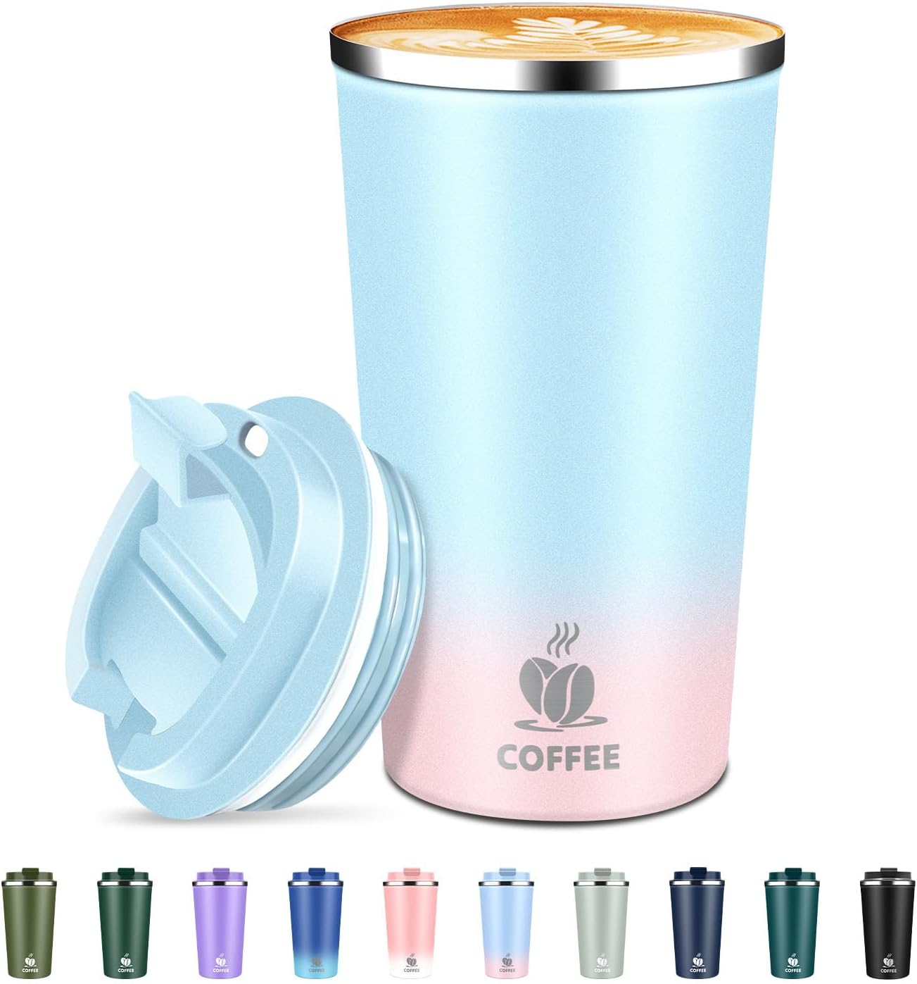 Insulated Travel Coffee Mug Reusable Coffee Tumbler Cup with Flip Lid Leak Proof Spill Proof for Office School Party Camping Hot and Cold Drink,Stainless Steel 17oz (Light Blue)
