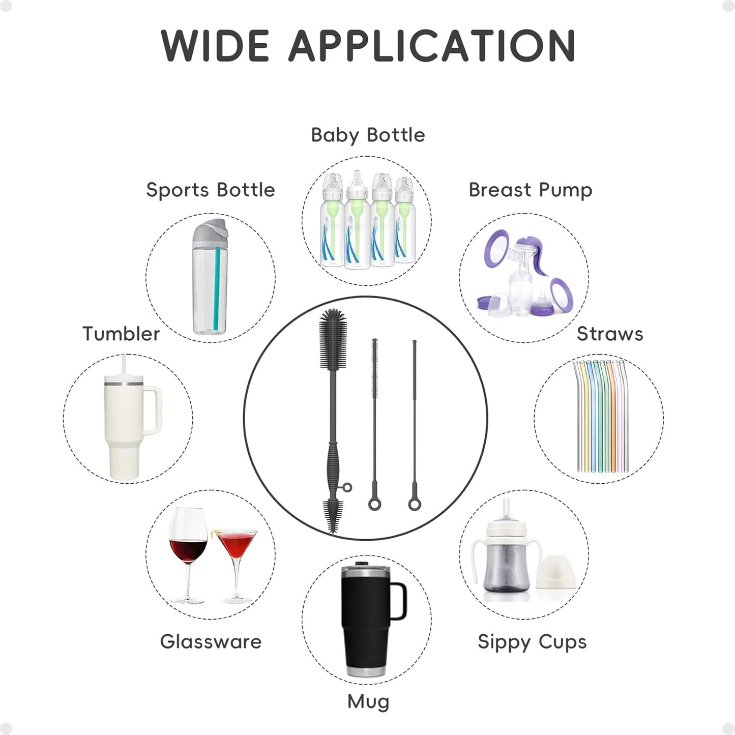 Silicone Cleaning Brush Kit,Water Bottle and Straw Cleaner Brush Set for Tumbler,Baby Bottle,Breast Pump Part,Nipple,Sippy Cup,Glass,Dishwasher Safe,BPA Free,3 Pcs