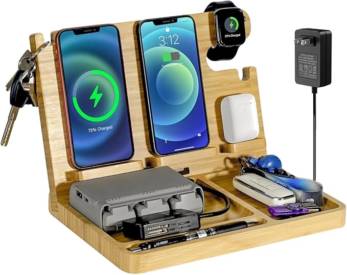 Nightstand Charging Station, 27W Fast Charging Wireless Charger Stand for iPhone/iWatch/Airpod/Samsung, Bamboo Phone Docking Station for Multi Devices, Desk Nightstand Organizer Gifts for Men