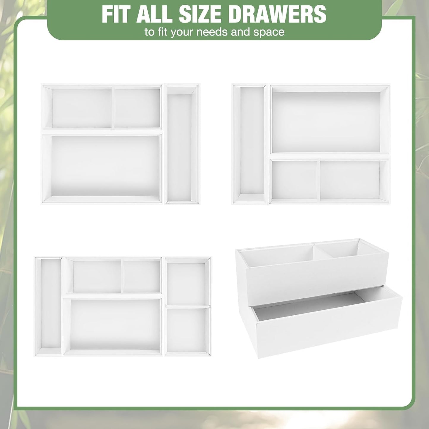 Bamboo Drawer Organizer,5 PCS Silverware Organizer & Kitchen Organizers and Storage,Utensil Drawer Organizer With Removable Dividers for Kitchen,Utensils,Bathroom,Office,Makeup(White)