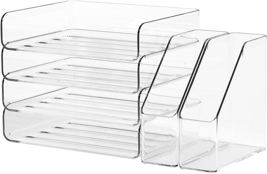 4-Tier Clear Acrylic Paper Tray Organizer for Desk with 2 Matching Bookends – Stackable Letter Tray Set, Stackable Paper Trays, Acrylic Desk Accessories/File Organizer, Office Organizer