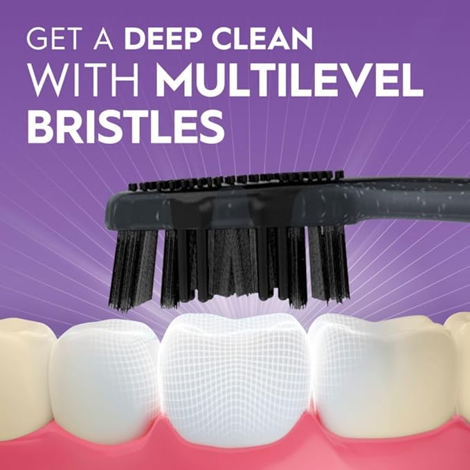 Oral-B 3D White Charcoal toothbrush, 2 count MEDIUM manual tootbrush pack, Whitens teeth, removes plaque and stains, tongue scraper tooth brush