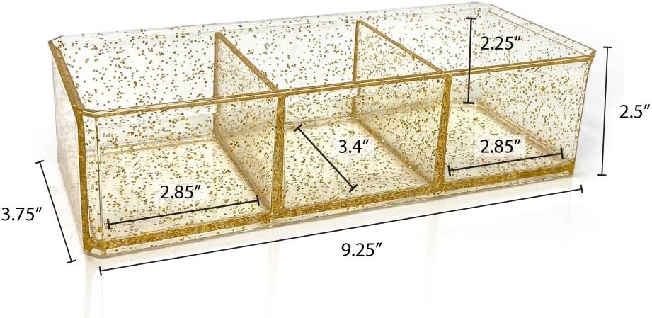 Isaac Jacobs Clear Acrylic 3 Section Organizer- Three Compartment Drawer Tray and Storage Solution for Office, Bathroom, Kitchen, Supplies, and More (Gold Glitter)