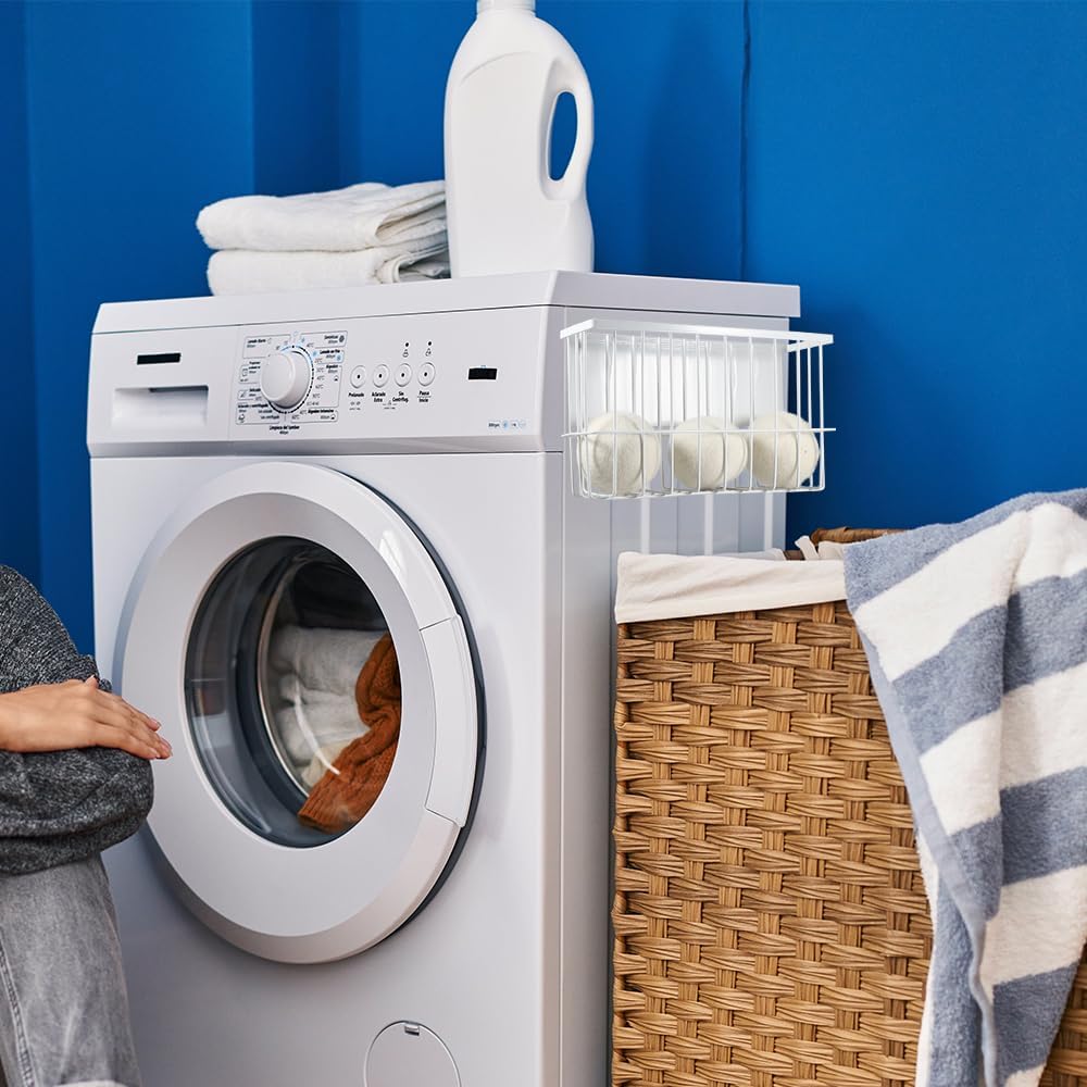 Picowe Large Dryer Ball Organizer Magnetic Storage Bin, Magnetic Basket Dryer Ball Holder for Laundry Room Organization and Storage to Hold 6 Dryer Balls, Without Balls (White, L )