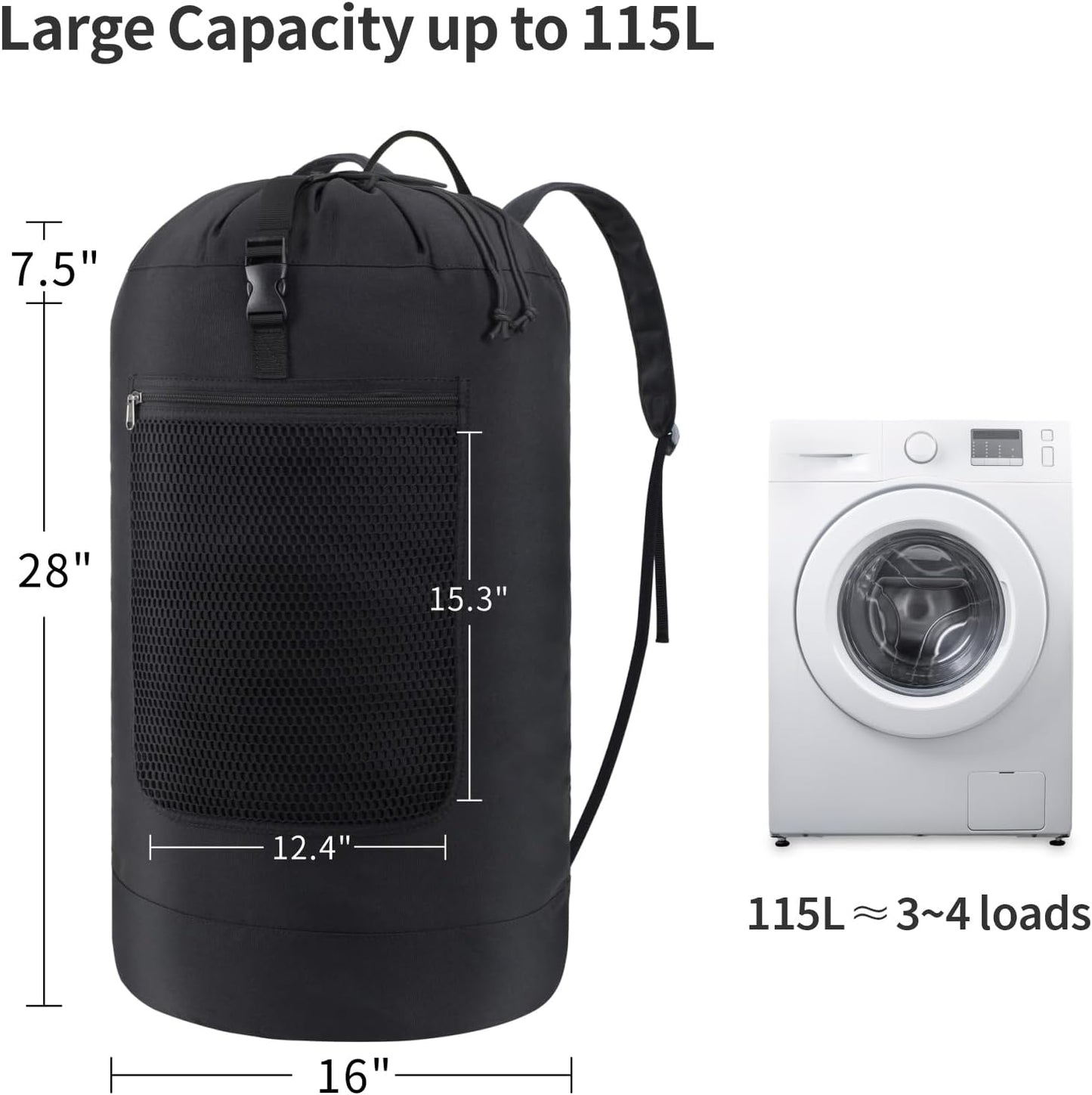 F-color Laundry Bag Backpack 115L - Large Capacity Laundry Backpack with Comfort Straps, Mesh and Zip Pocket, Sturdy Bag for Dorm, Travel, Laundromat, Apartment, Black
