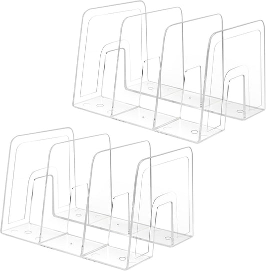 Clear Desktop Book Organizer, Creative Book Stand, Divider Bookshelf for Home School and Office, Non-Acrylic Stand Bookshelves (3 Sections), Transparent, Pack of 2