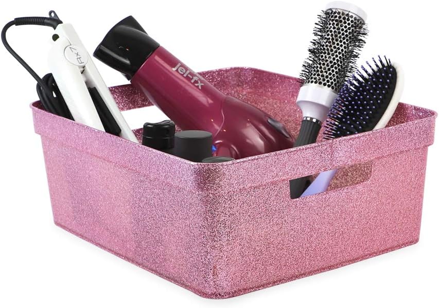 Isaac Jacobs Medium Glitter Storage Bin (14” x 11.5” x 5.5”) Set w/Cut-Out Handles, Plastic Organizer, Multi-Functional, Home Storage Solution, Kids Playroom, Bedroom, Closet (2, Pink)