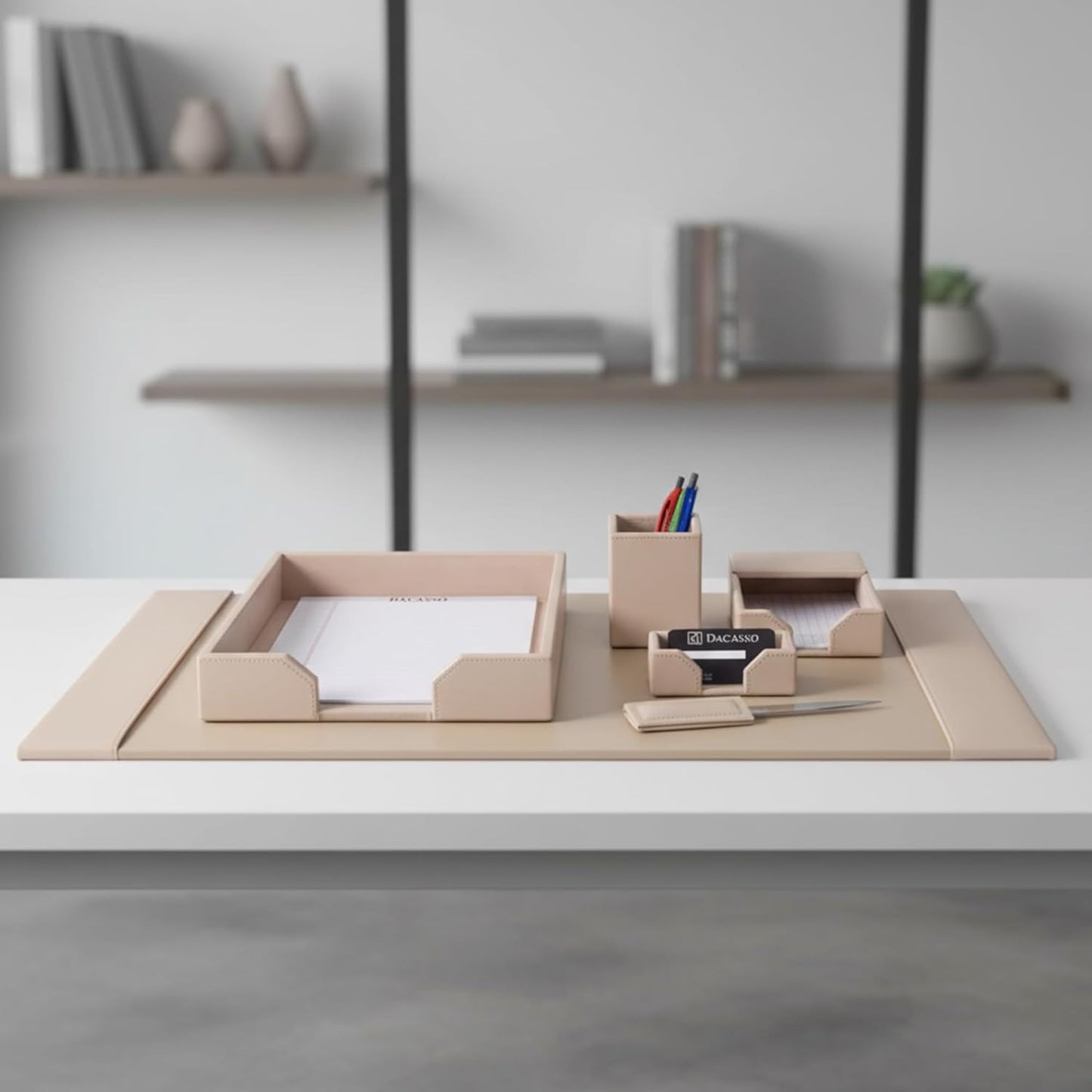 Dacasso Bonded Set Luxury Leather Desk Pad & Desk Organization Essentials, 6 Piece, White Latte