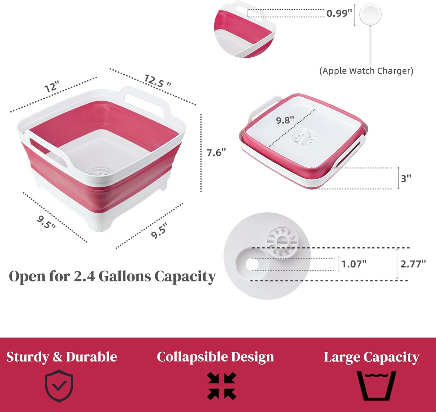 Collapsible Wash Basin for Baby Bottles - 2.4 Gallons Portable Dish Basin for RV Camping Sink, Space-Saving Dish Tub For Bottle Washing (Viva Magenta)