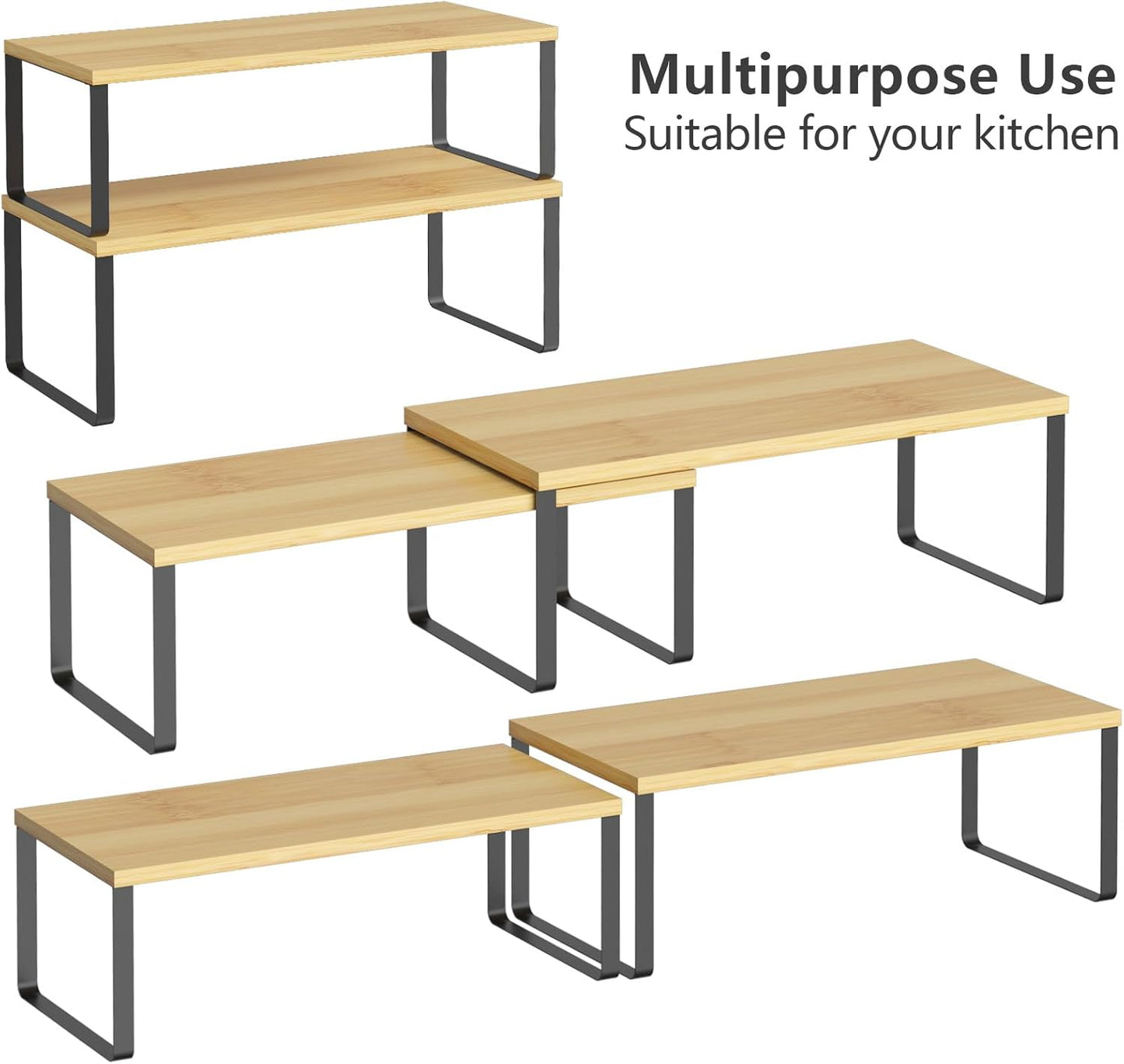 NEX Kitchen Cabinet and Counter Shelf Organizer, Stackable & Expandable, Set of 4, Black and Natural - 7.7 x 15.6 x 6.2''