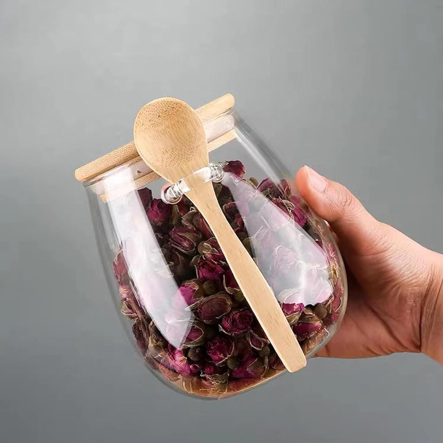 Airtight glass jar storage container with bamboo lid Set of 2, wide mouth, leak-proof, With a spoon, can be used for coffee beans, tea leaves, grains, dried fruits, etc (Large*2PCS)