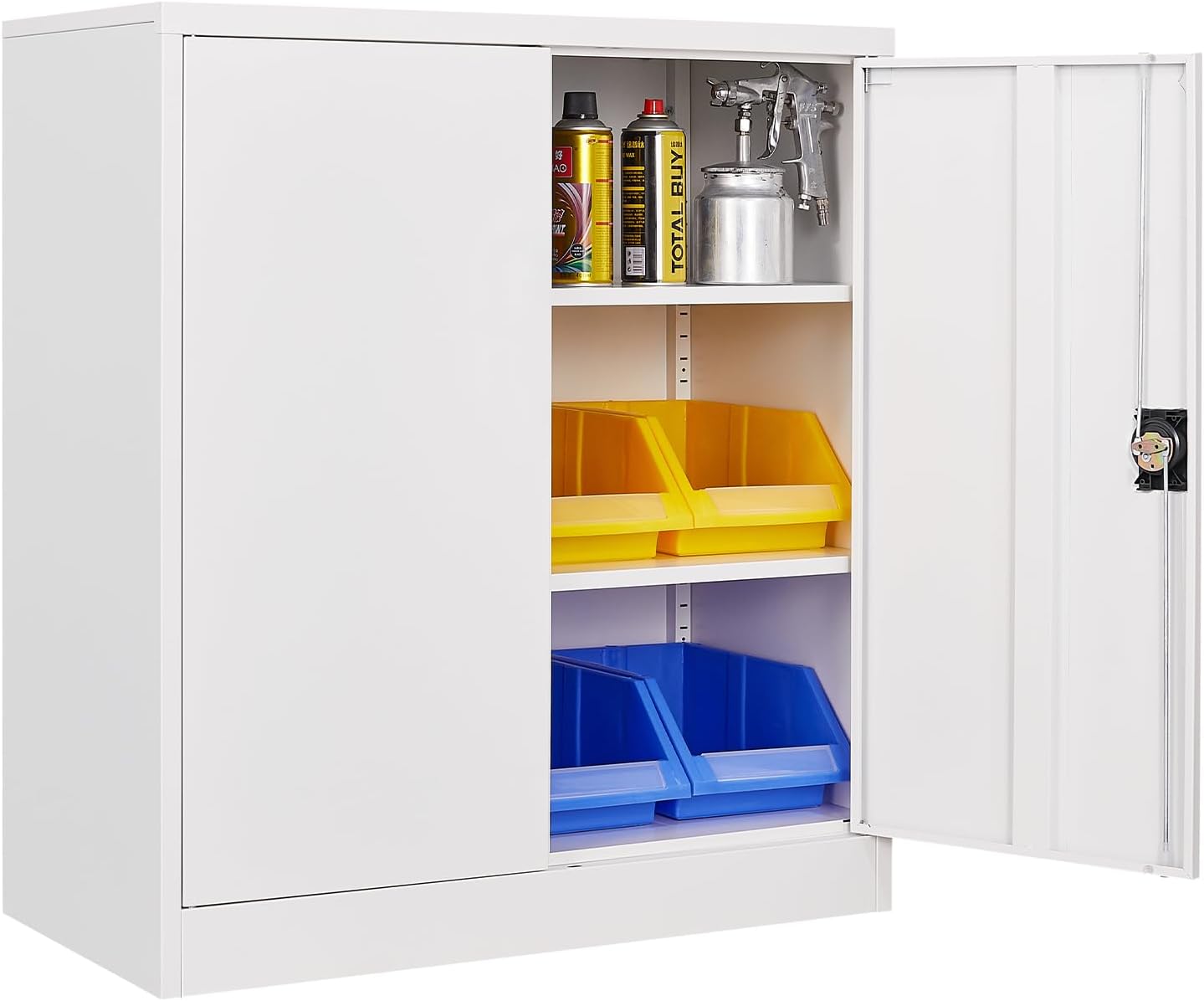 Metal Storage Cabinet, Lockable 2-Door 3-Shelf Cabinet, White, 31.5"W x 15.8"D x 35.5"H, Office, Garage, Home