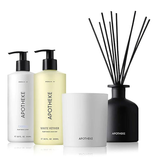 Apotheke Scented Candles, Charcoal Oil Reed Diffuser, Canvas Body Lotion & White Vetiver Bar Soap Set