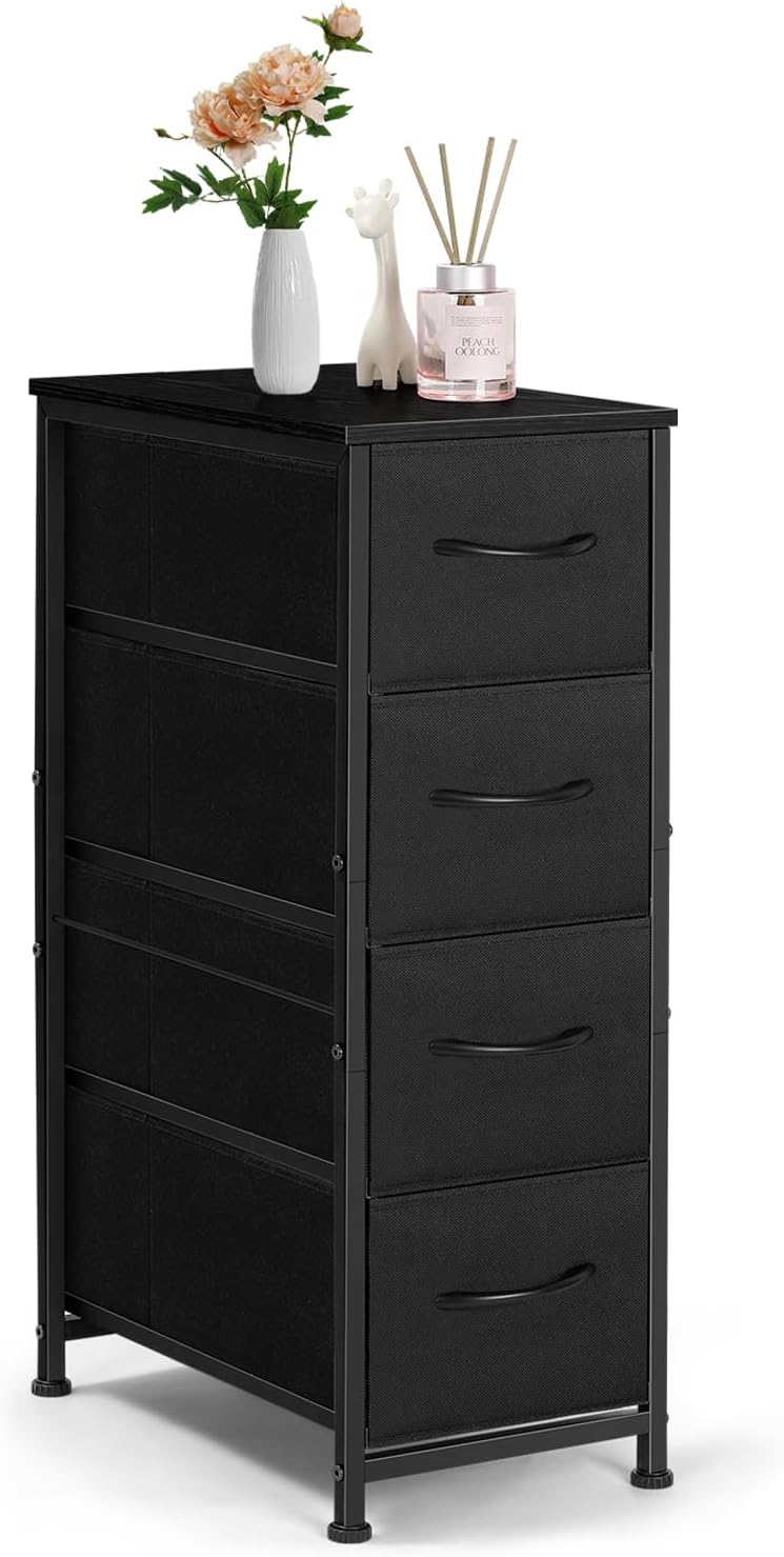 Ebeneze Narrow Dresser with 4 Drawers, Storage Cabinet, Slim Fabric Tower with Wheels, Wood Shelf, Bedroom Organizer Skinny Chest for Small Spaces, Bathroom, Living Room, Laundry, Closet, Black