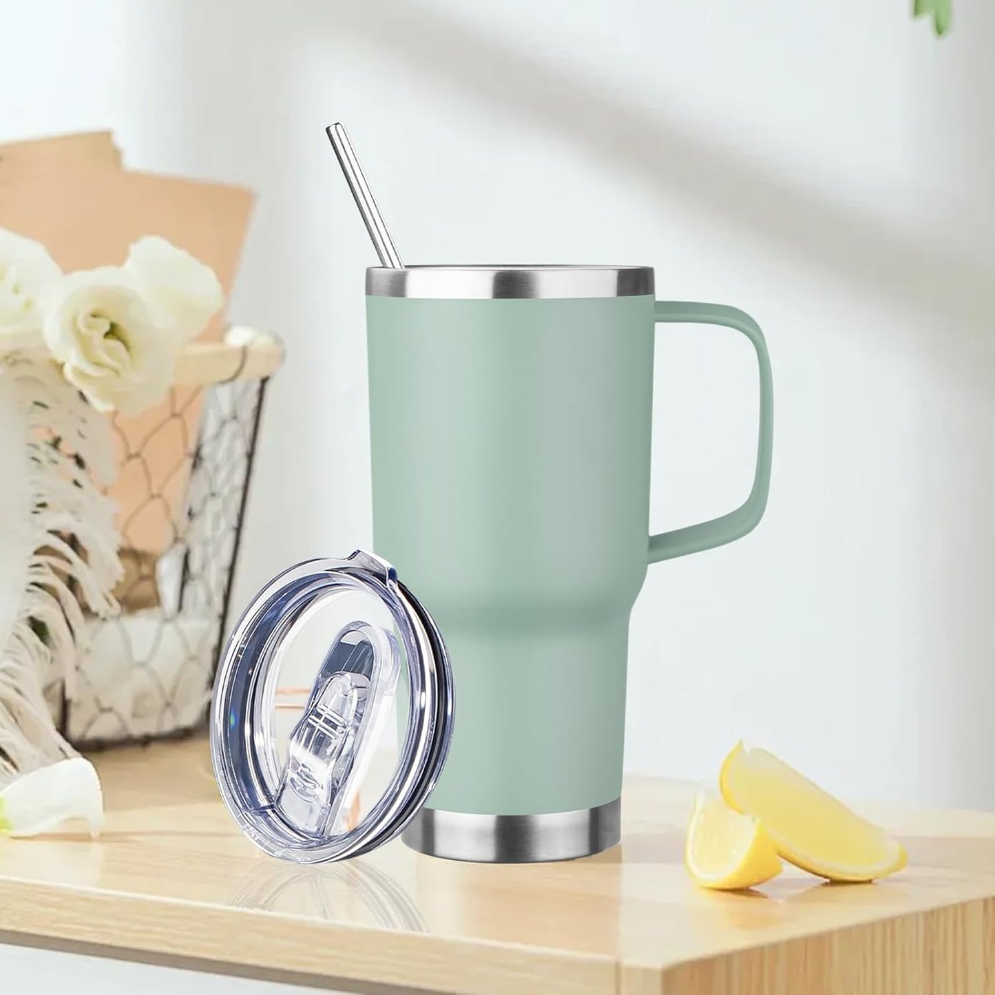 20oz Insulated Tumbler with Handle Stainless Steel Travel Coffee Mug with Lid and Straw Double Wall Vacuum Leak-proof Reusable Thermal Water Cup for Hot and Cold Drinks (Multicolor-3,4 Pack)